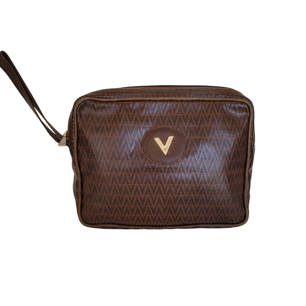 Mario Valentino Vintage Brown Monogram Wristlet Clutch Bag Made in Italy V Logo